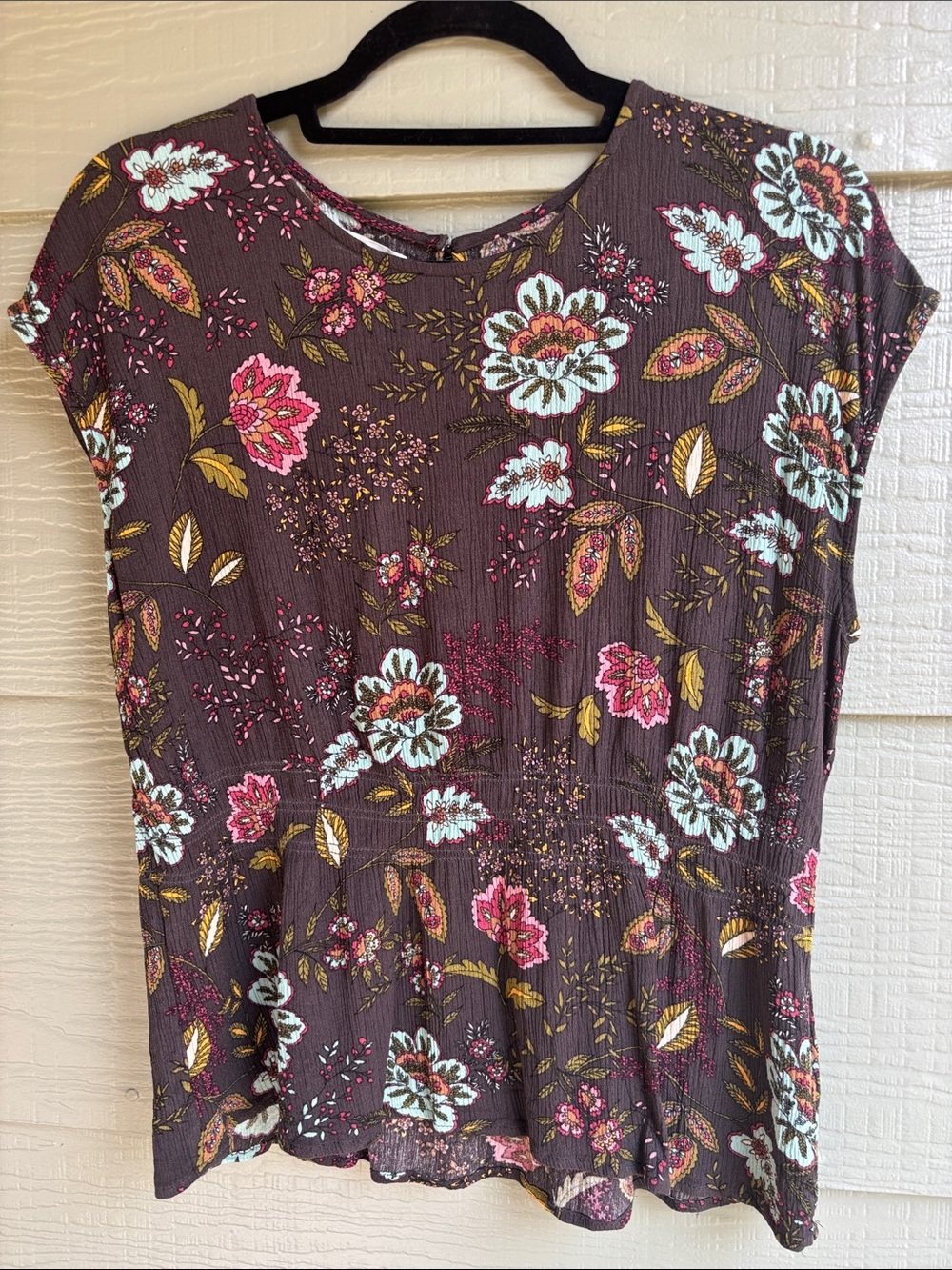 Maurices Brown Floral Peplum Blouse with Pink & Cream Accents
